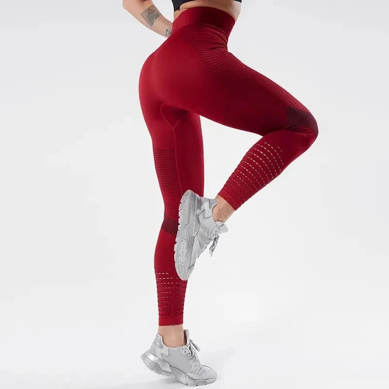 "Red Women Fitness Leggings High Waist Seamless Leggings Sportswear with breathable mesh details and sculpting compression fit."