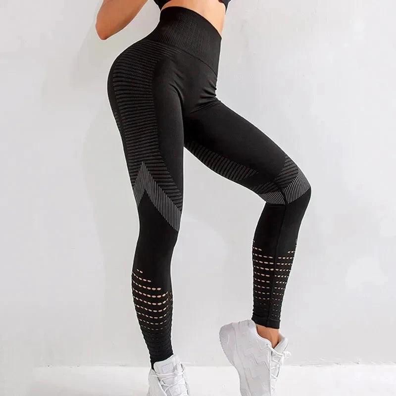 "Black Women Fitness Leggings High Waist Seamless Leggings Sportswear with booty lifting and breathable mesh accents."