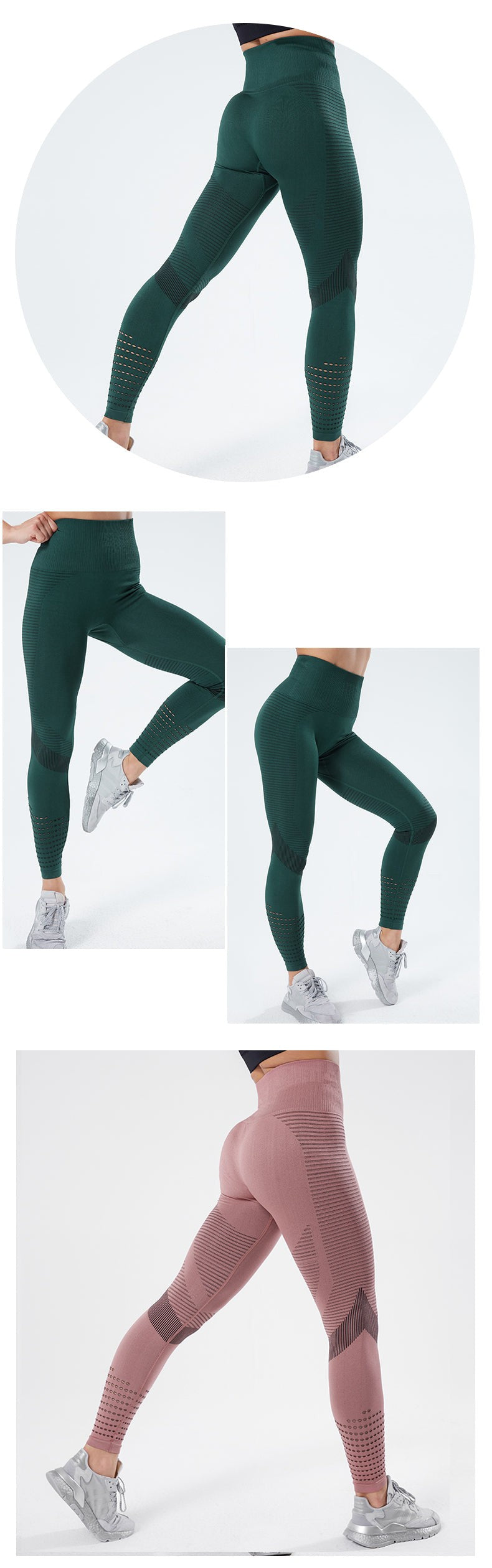 "Green and pink Women Fitness Leggings High Waist Seamless Leggings Sportswear shown in various angles to highlight fit and texture."
