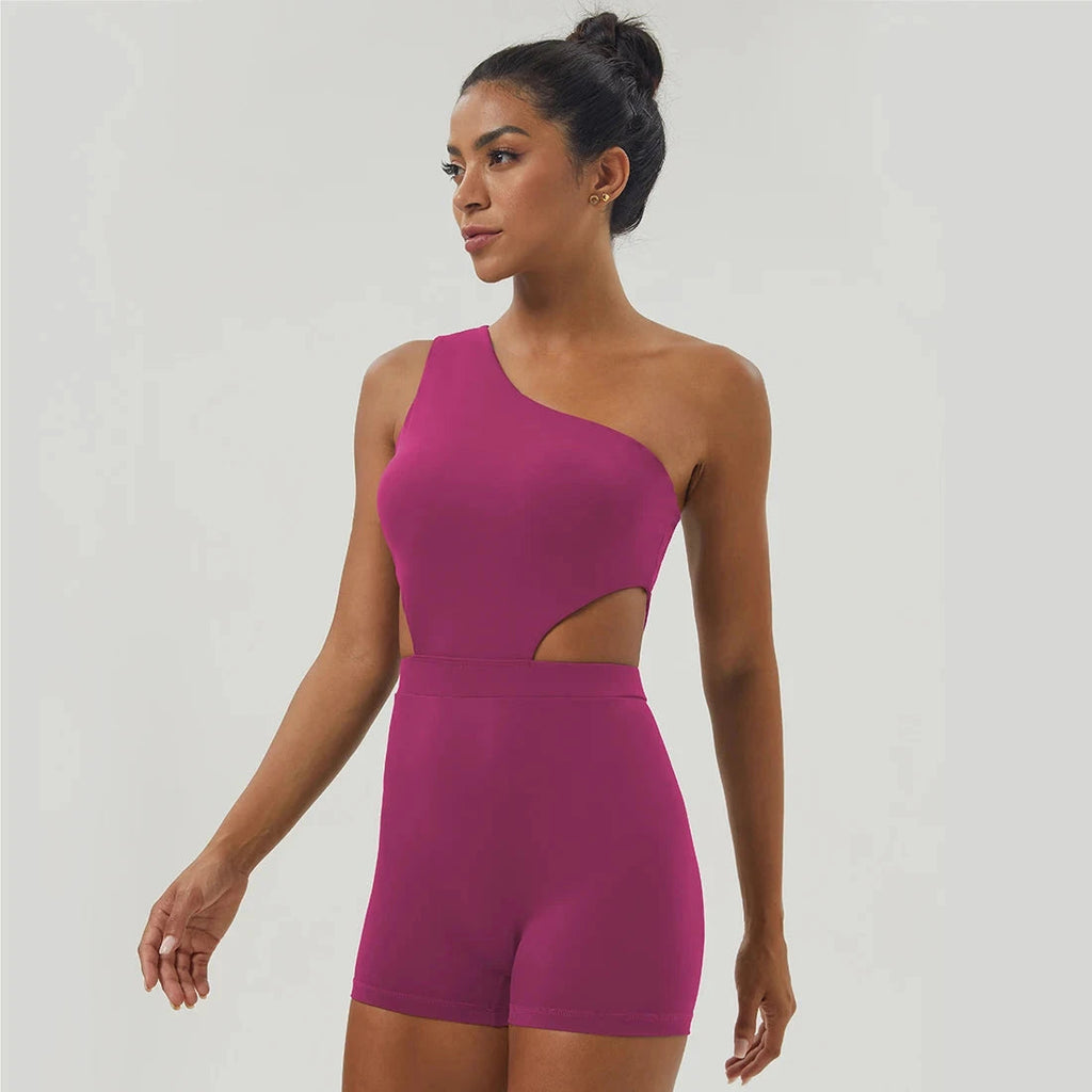 "Rose red Women One-Shoulder Sport Bodyduit Jumpsuit featuring padded support and high-stretch fabric for yoga and gym workouts."
