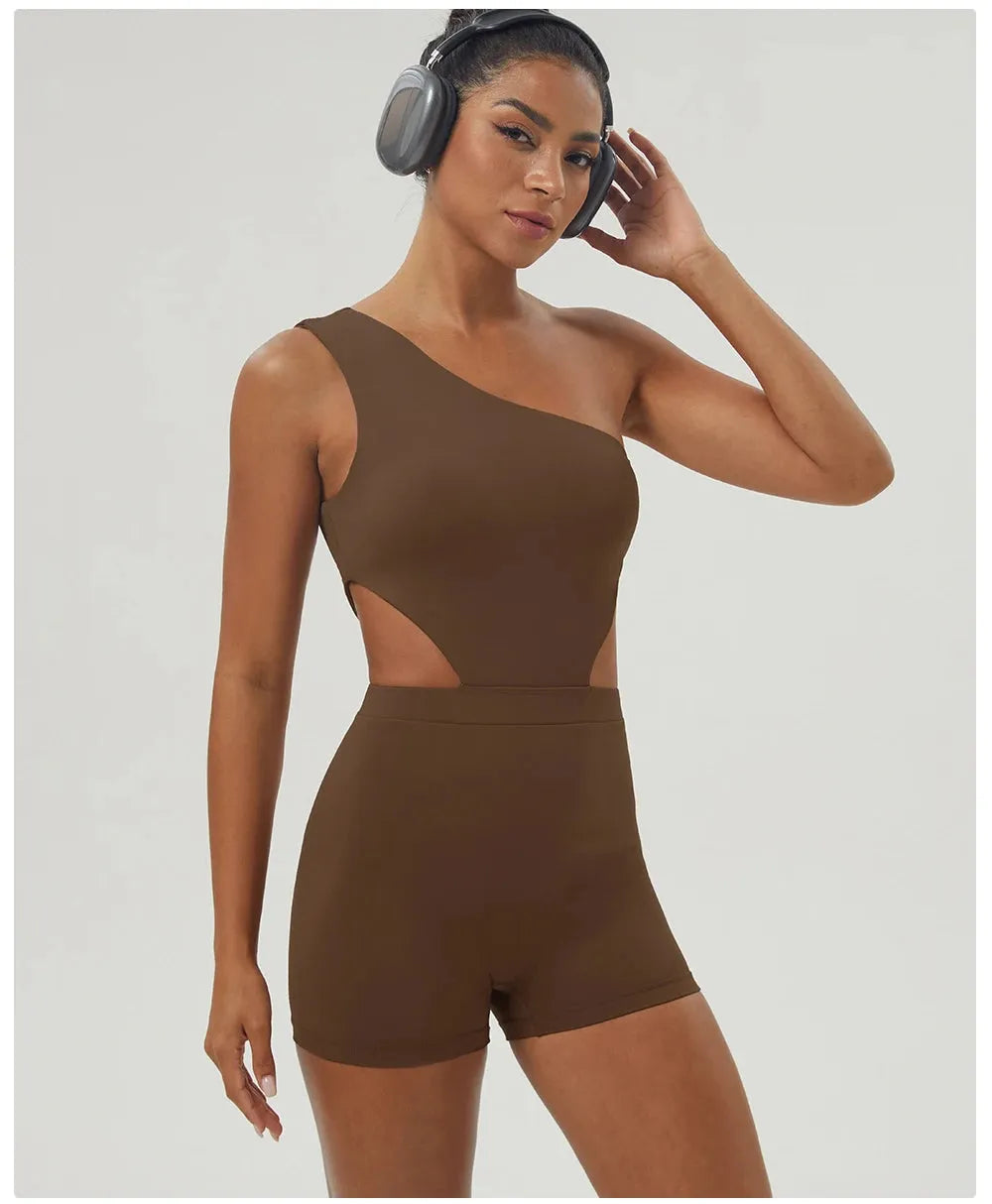 "Side view of brown one-shoulder padded jumpsuit for women, designed for fitness and yoga with sculpted fit and stretch fabric."