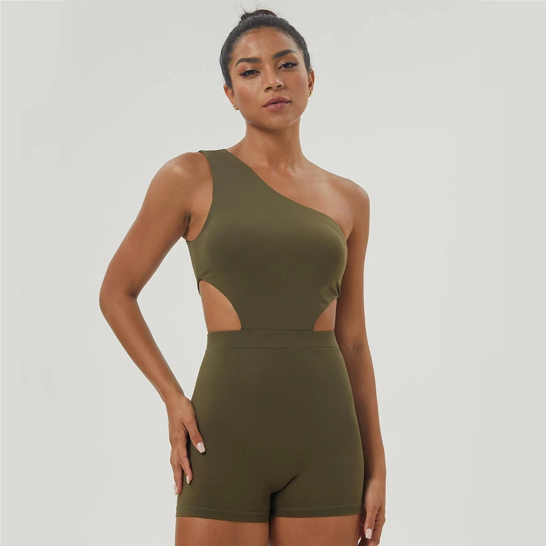 "Olive green one-shoulder padded jumpsuit for women, ideal for yoga and gym wear with breathable and elastic material."