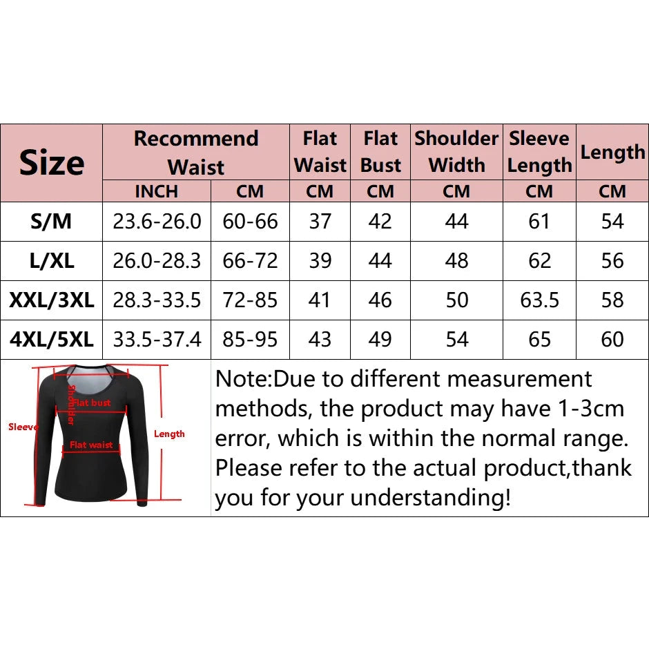 "Size chart for women's sauna suit gym clothing, showing measurements in inches and centimeters for accurate fit selection."