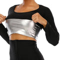 "\"Sweat-visible silver inner layer of sauna suit top, highlighting thermal effect for enhanced calorie burn during workouts.\""