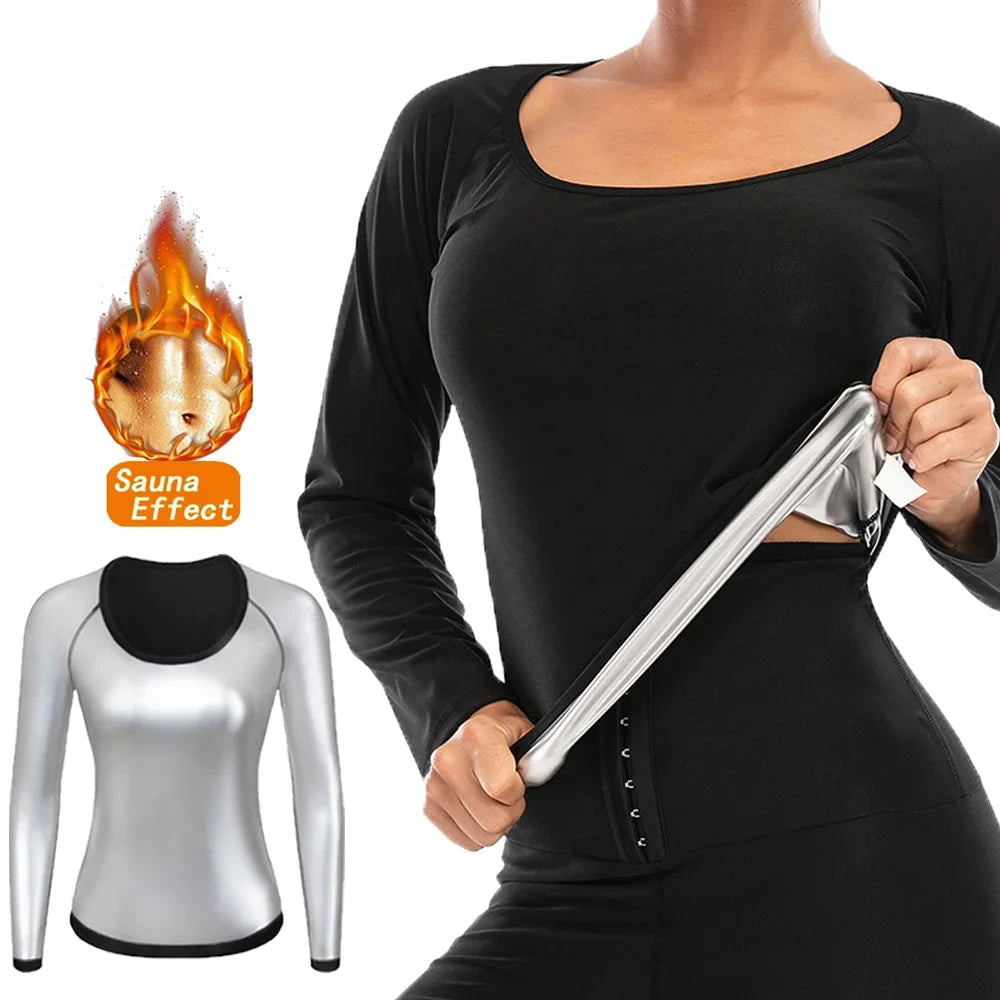 "Sauna Suit Women Gym Clothing with silver inner lining and black outer layer, designed for sweating and weight loss during workouts."