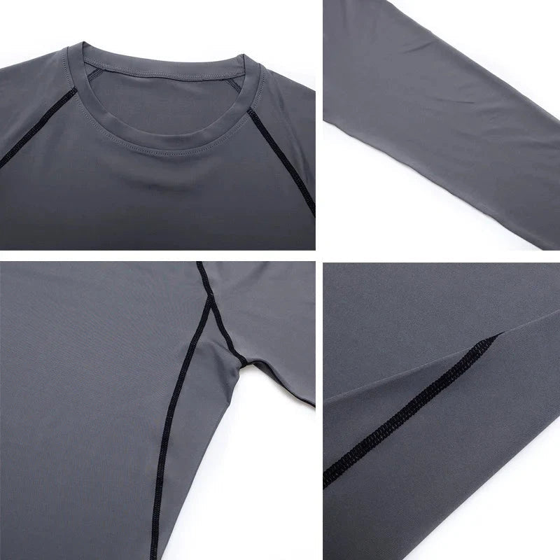 "Gray men's compression suit close-up showing seam and sleeve construction, ideal for fitness, yoga, or running."