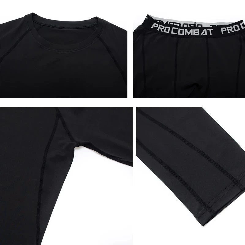 "Detailed view of black men's compression sportswear showing stitching, sleeve, and waistband design for gym or training use."