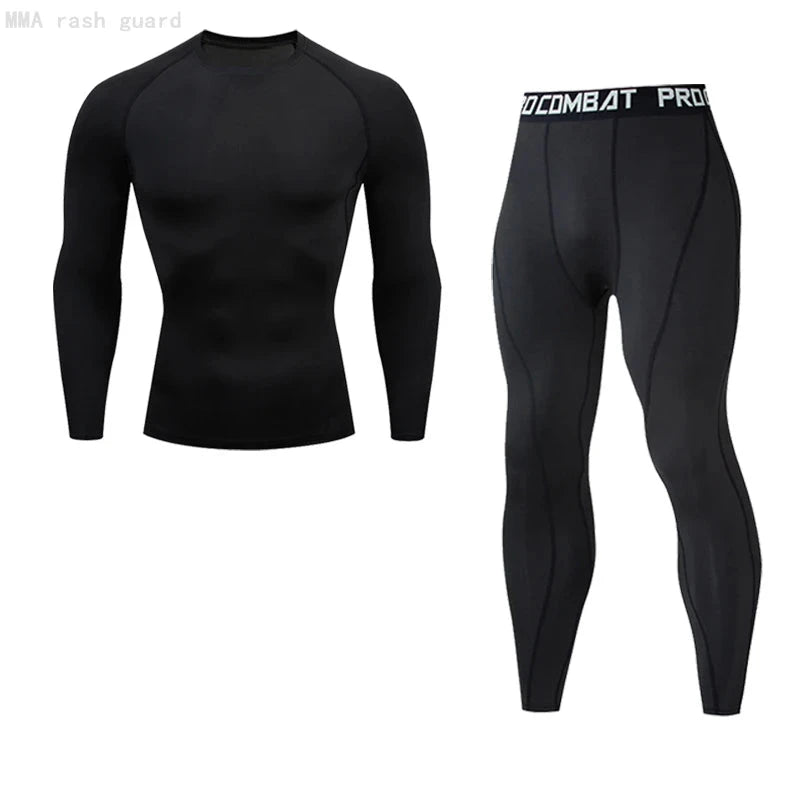 "All-black men's compression workout set with long-sleeve top and tights, designed for bodybuilding, running, or gym sessions."
