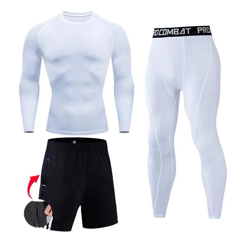 "White men's compression gym suit with long-sleeve top, tights, and black shorts, ideal for running, yoga, or fitness training."