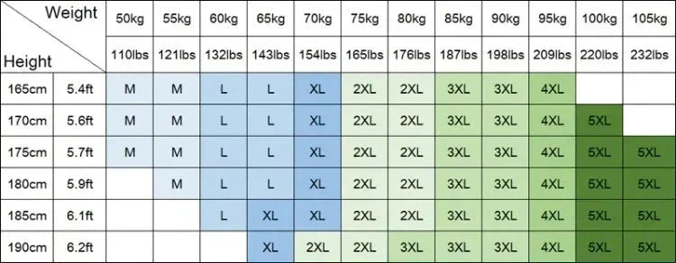 "Size chart for men's summer sport suits showing recommended sizes based on height and weight in kilograms and pounds."