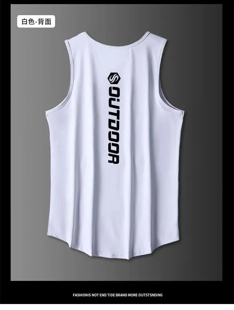 "\"Back view of white vest from men's summer quick drying sport suit set with bold 'OUTDOOR' print, ideal for running and workouts.\""