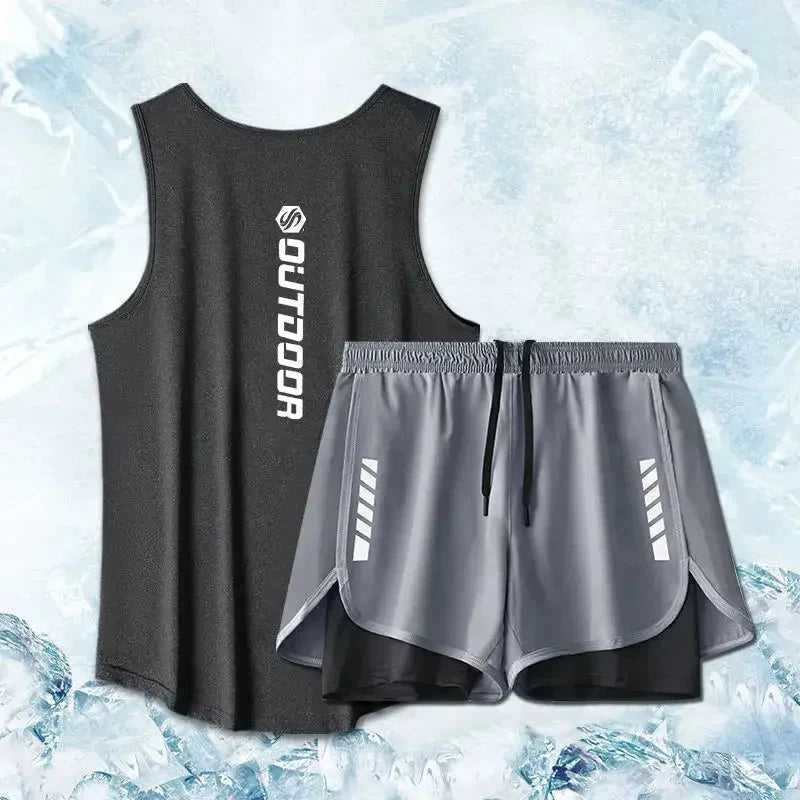 "Black vest and gray shorts from men's summer quick drying sport suit set, featuring mesh ventilation for running and training."