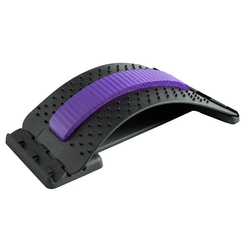 "Purple Four Level Adjustable Massager with Back Stretcher Waist Neck Support ideal for yoga, back pain relief, and spinal decompression."
