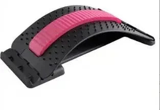 "Four Level Adjustable Massager with Back Stretcher Waist Neck Support in black and pink color variant for spine and lumbar support."