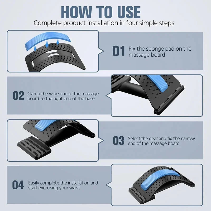 "Installation guide for Four Level Adjustable Massager with Back Stretcher Waist Neck Support showing four easy setup steps."