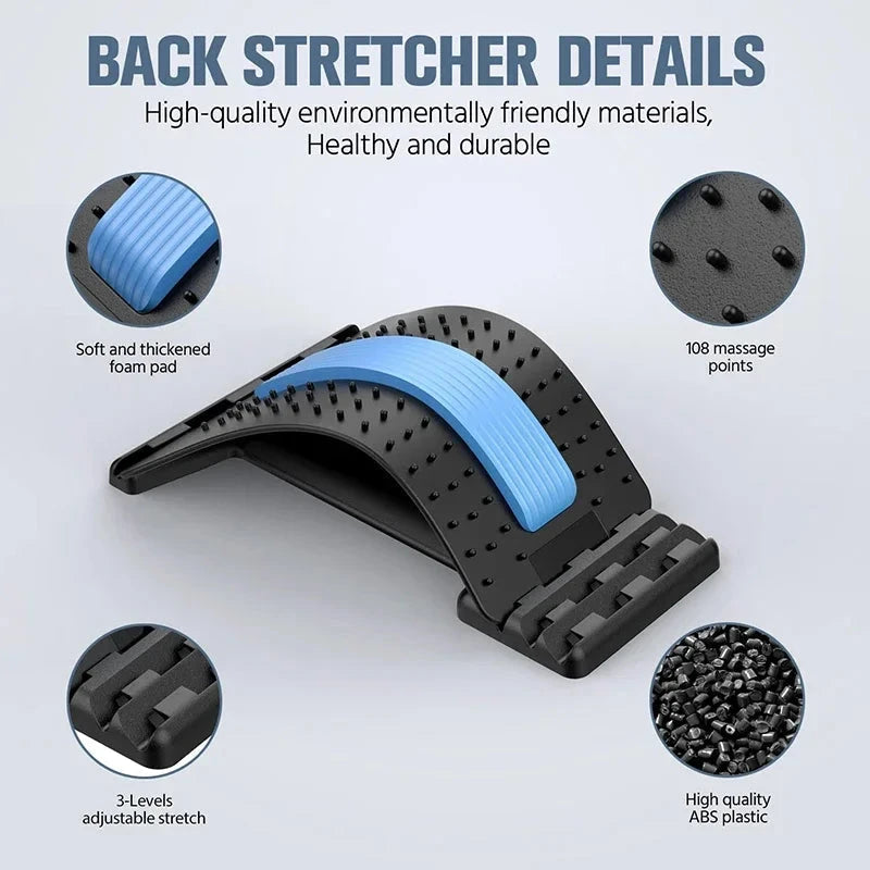 "Close-up of Four Level Adjustable Massager with Back Stretcher Waist Neck Support showing 108 massage points and durable ABS material."