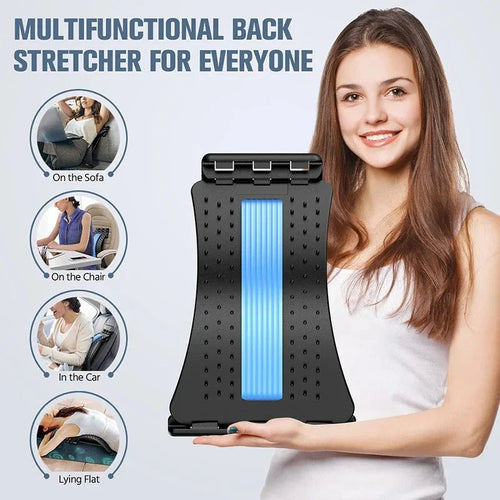 "Multifunctional Four Level Adjustable Massager with Back Stretcher Waist Neck Support shown with usage options for sofa, chair, car, and lying flat."