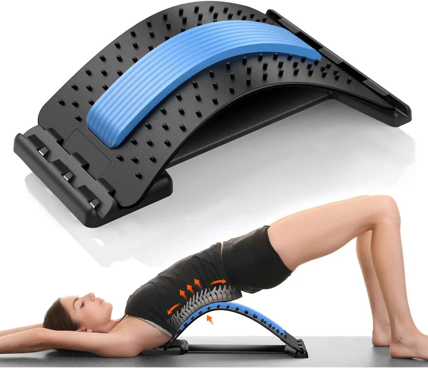 "Four Level Adjustable Massager with Back Stretcher Waist Neck Support in blue used during yoga for spine alignment and lumbar relief."