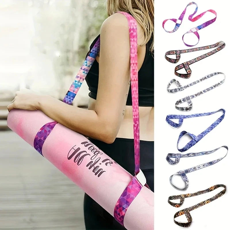 "Adjustable yoga mat strap in pink geometric pattern used as a shoulder strap for carrying a rolled yoga mat. Ideal for fitness and travel convenience."