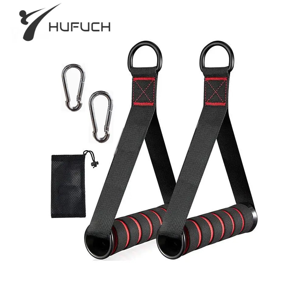 A pair of black and red pull-up straps with metal carabiners and a black mesh storage pouch, shown on a white background with the HUFUCH brand logo in the top left corner.