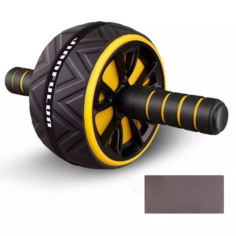 Black and yellow ab roller on a white background