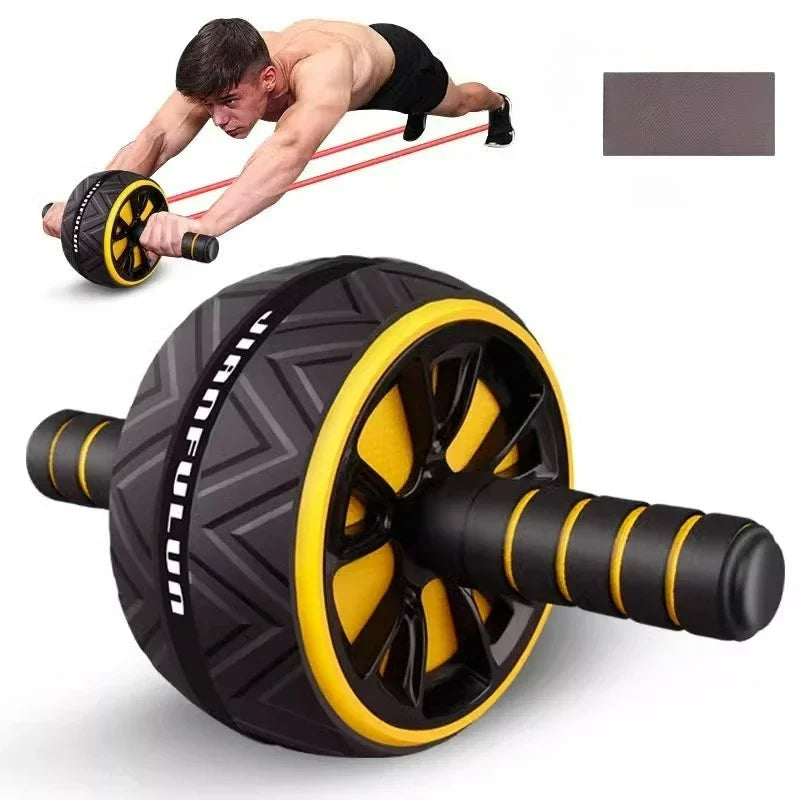 Black and yellow ab roller with a person using it for exercise on a white background