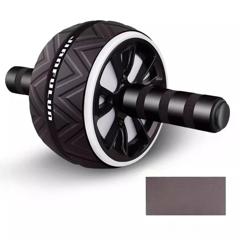 Black ab roller with white branding on a white background