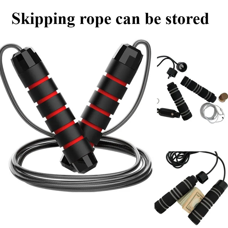 Black and red skipping rope with storage mechanism on a white background