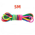 Multicolored elastic bands with '5M' text on a white background