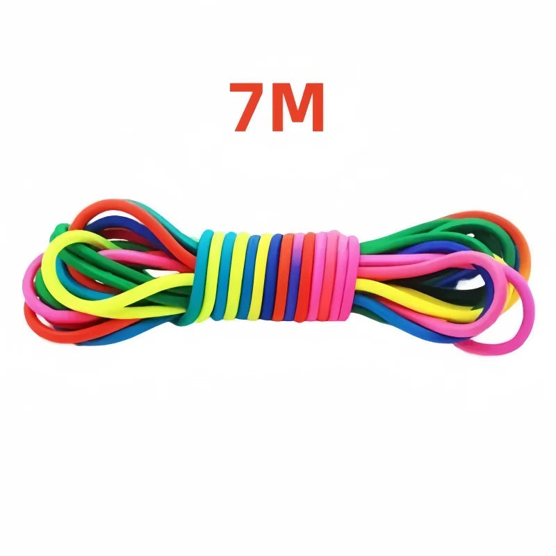 Multicolored elastic bands with '7M' text on a white background