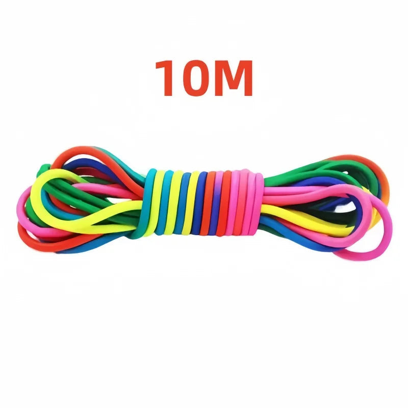 Multicolored elastic bands with '10M' text on a white background