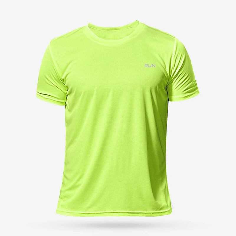 Lime green t-shirt with 'RUN' logo on a white background