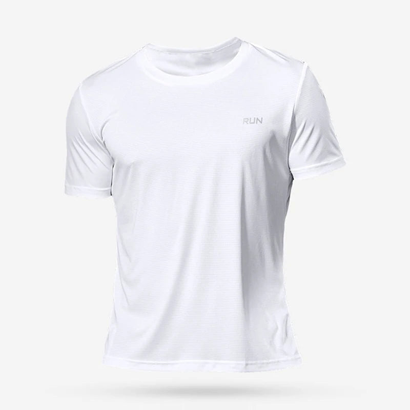 White t-shirt with 'RUN' text on a white background