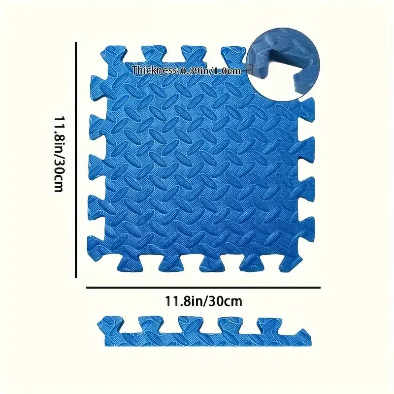 Blue interlocking foam mat with measurements on a white background