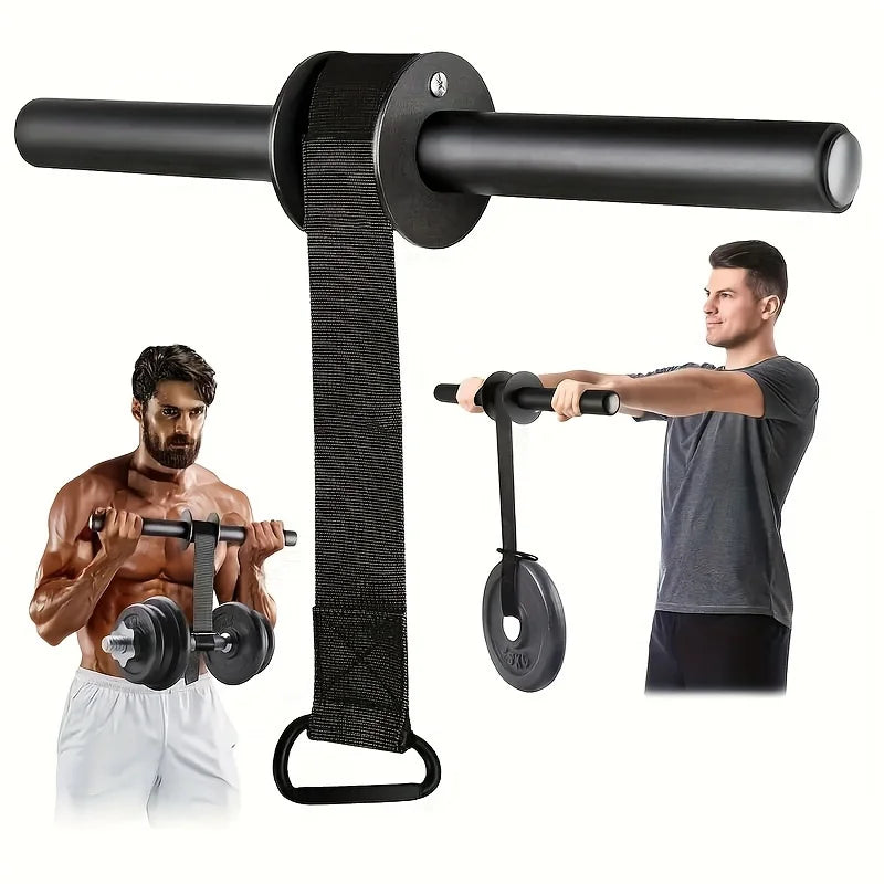 Black exercise bar with attachments used for weightlifting and resistance training.
