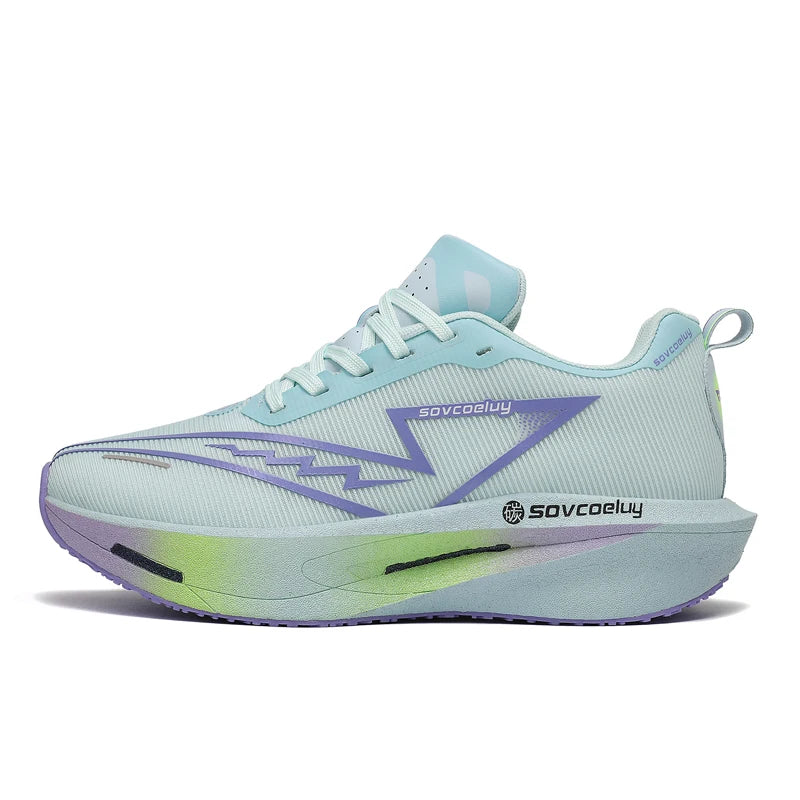 Light blue running shoe with purple accents on a white background
