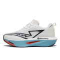 White running shoe with blue and red sole on a white background