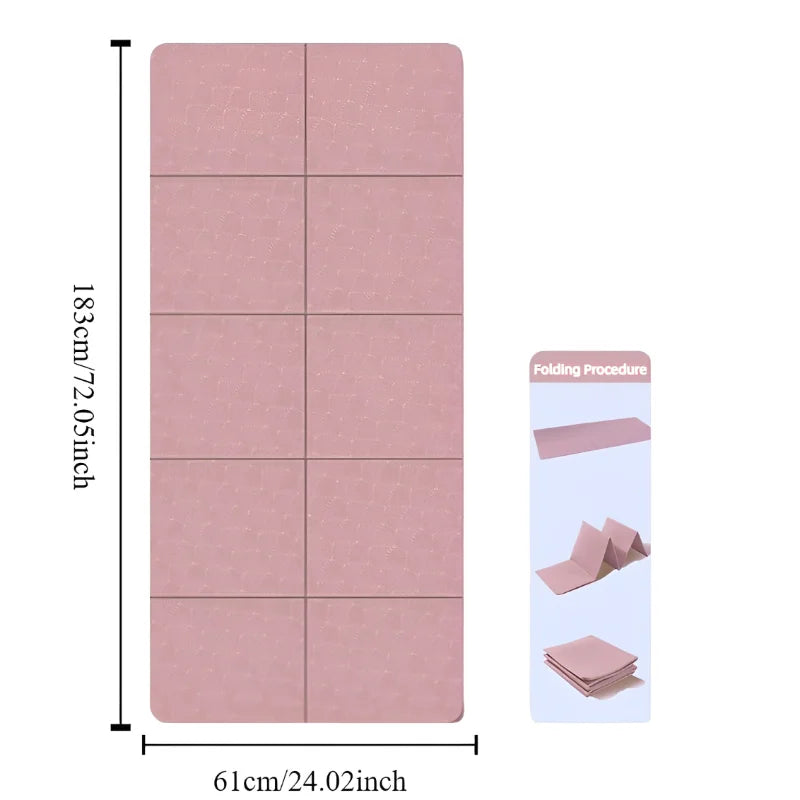 Pink folding mat with dimensions and folding instructions on a white background