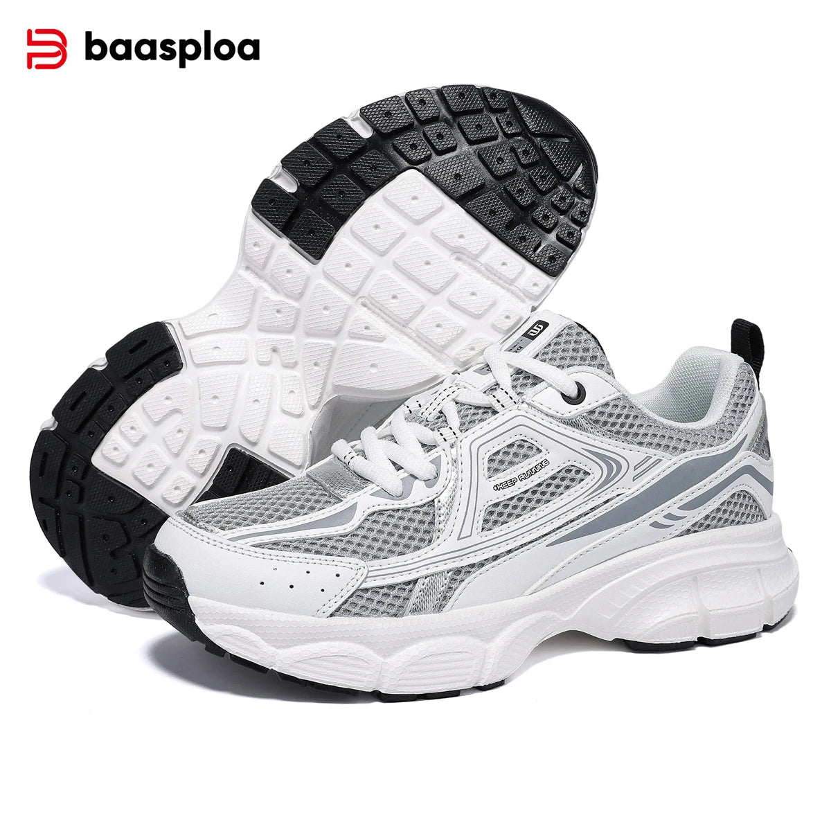 White and gray athletic shoes with black soles on a white background, featuring the brand 'baasploa'.