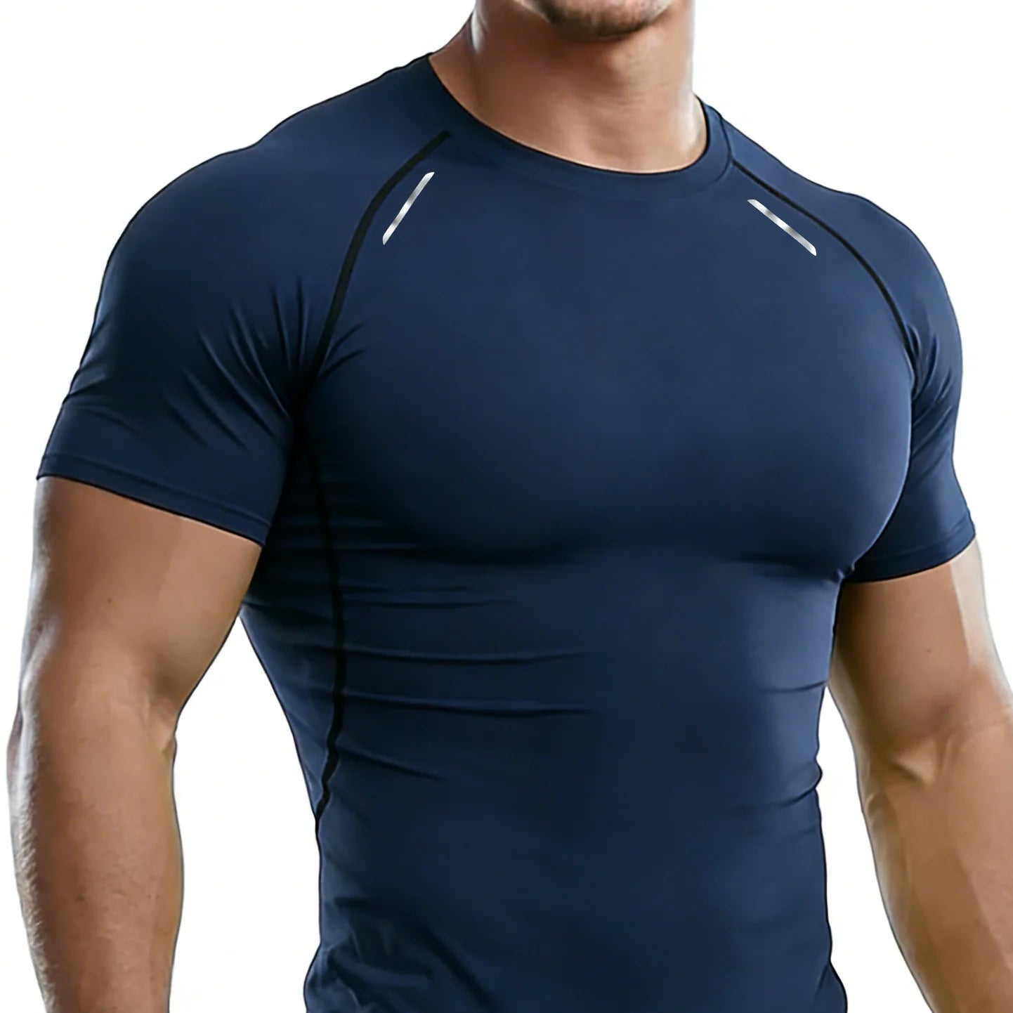 Navy blue athletic shirt worn by a person on a white background