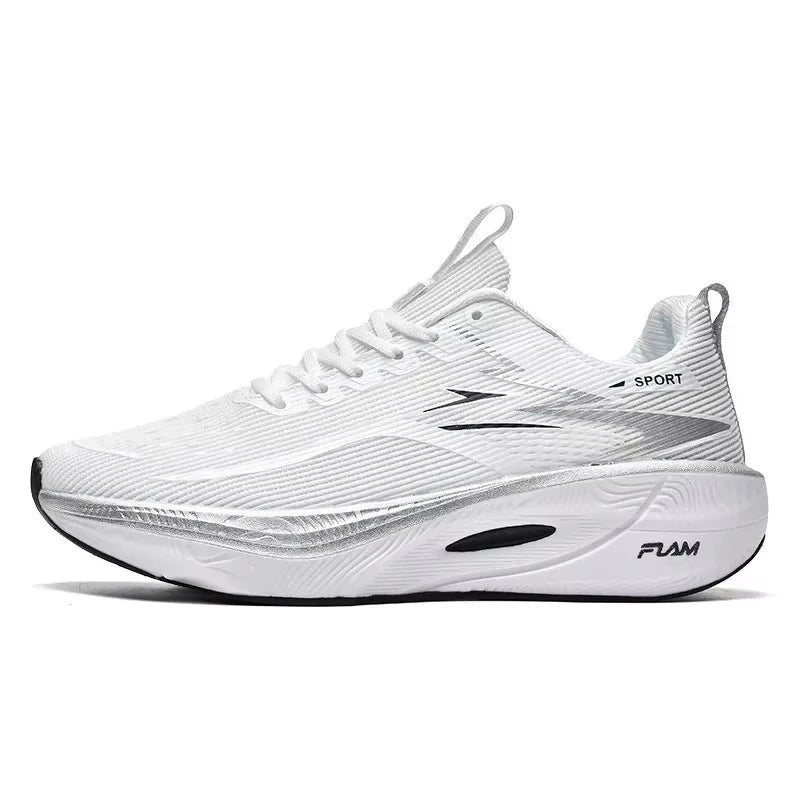 White running shoe with black accents on a white background