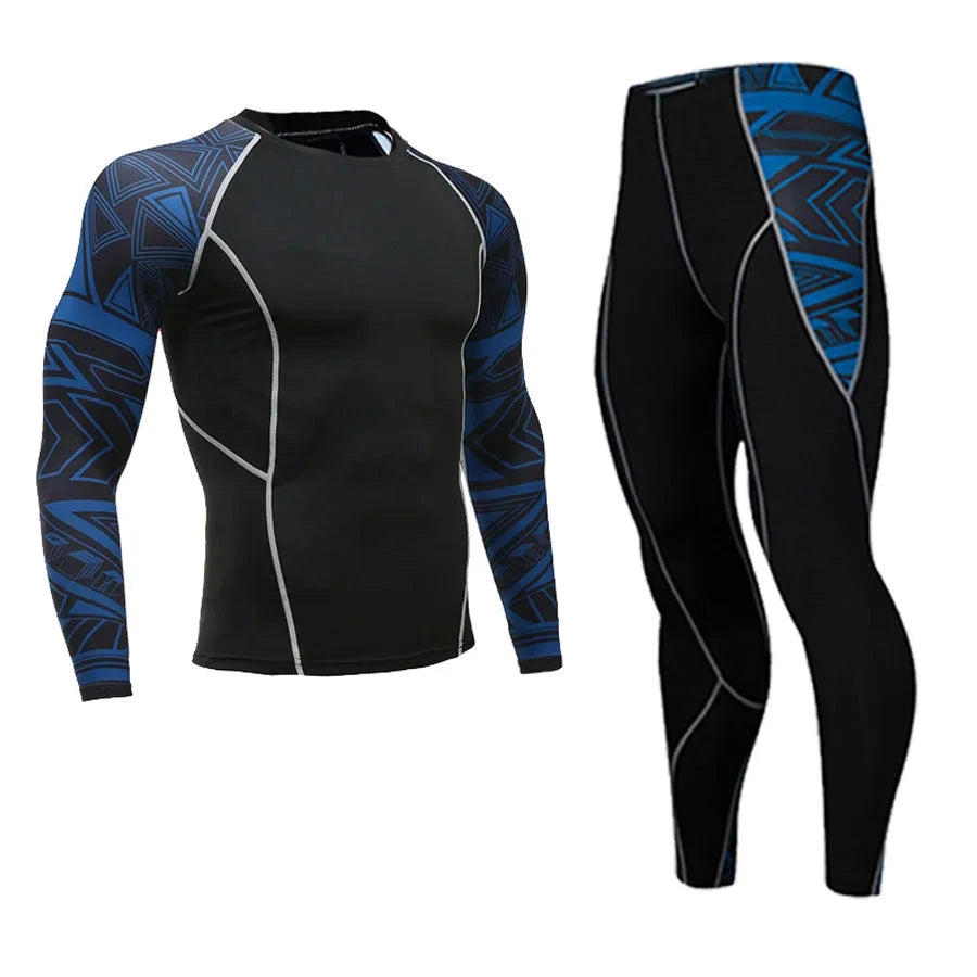 Men's compression workout set with blue geometric sleeves, includes long-sleeve top and tights for gym or running.