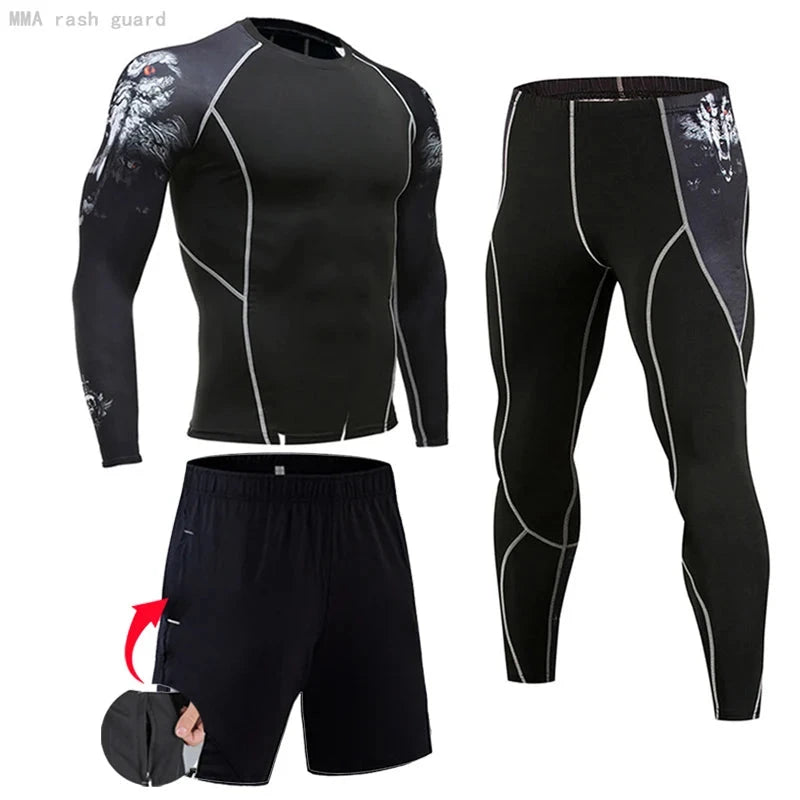 Black men's compression workout set with white claw print on sleeves, includes long-sleeve top, leggings, and shorts for training or jogging.