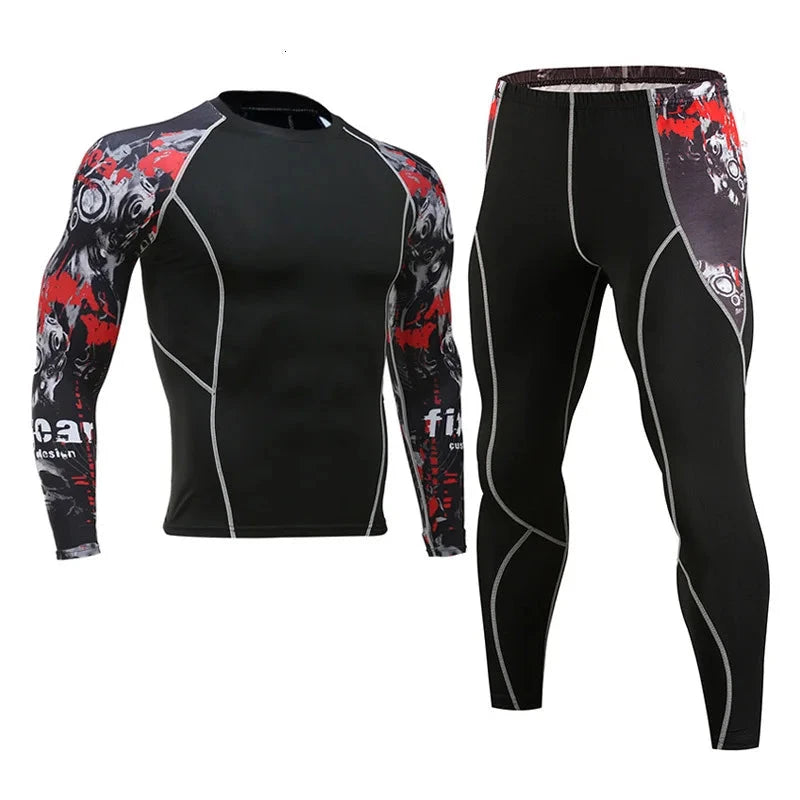 Black men's compression set with red skull graphic sleeves, includes long-sleeve top and leggings for fitness or running.