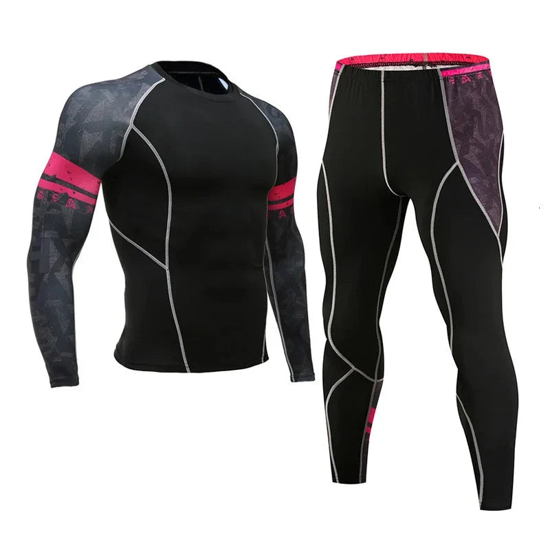 Black and pink men's compression suit with camo sleeves, includes long-sleeve top and tights for gym or running.
