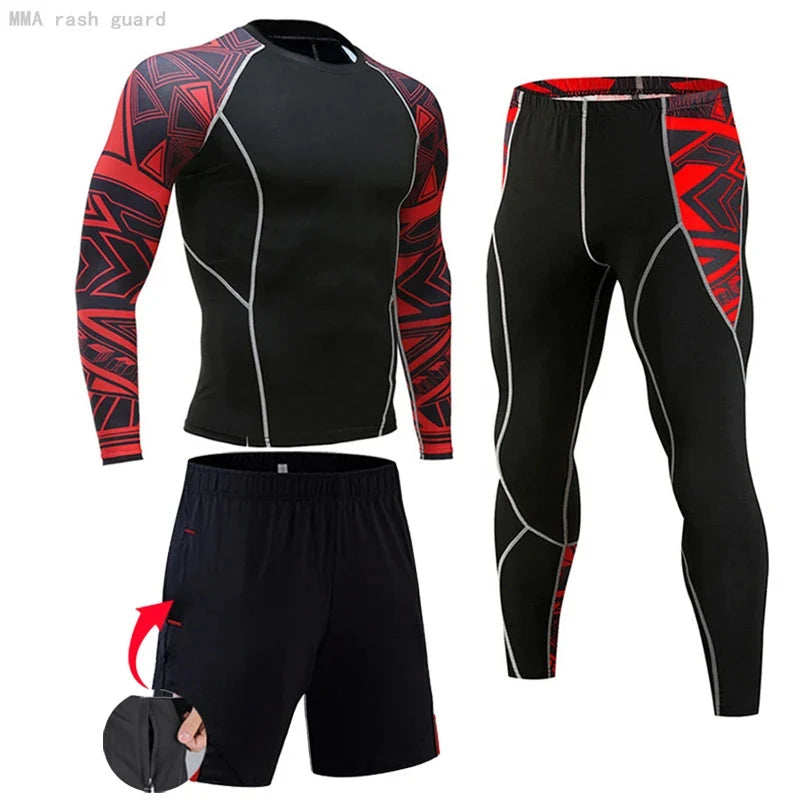 Red and black geometric sleeve men's compression sportswear set, includes long-sleeve top, leggings, and shorts for gym or jogging use.