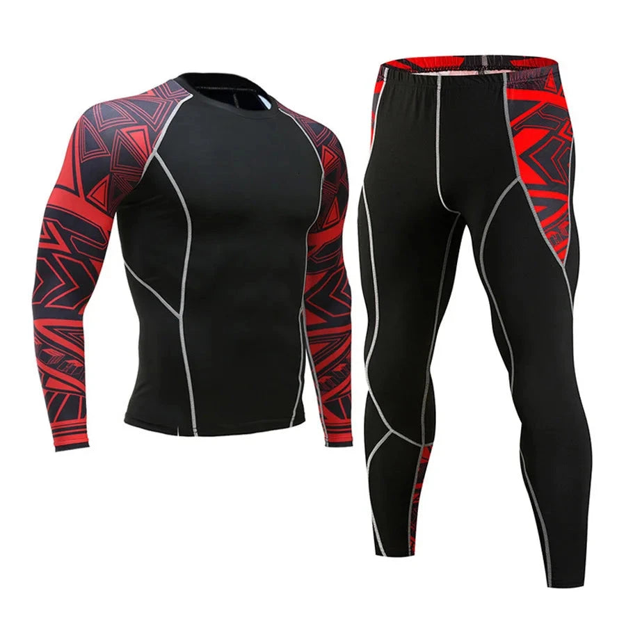 Red and black geometric sleeve men's compression set, includes long-sleeve top and tights for fitness or jogging.