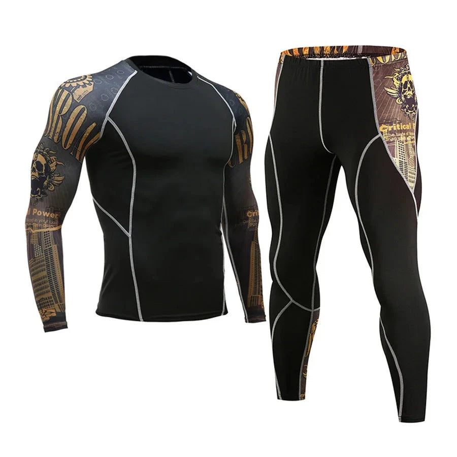 Men's compression training set with gold skull sleeve graphics, includes long-sleeve top and tights for gym or running.
