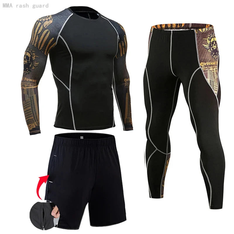 Men's compression training outfit with gold skull-themed sleeves, includes long-sleeve top, leggings, and shorts for MMA or gym workouts.
