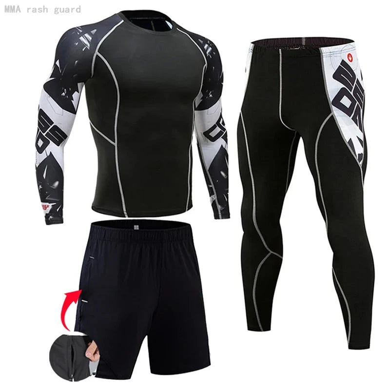 Black and white men's compression sportswear set with graphic sleeves, includes long-sleeve top, tights, and shorts for running or fitness training.